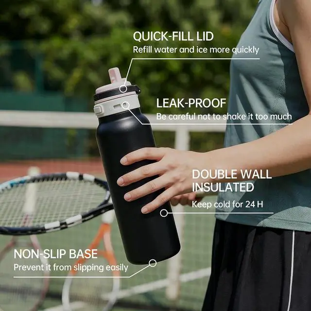 Alt view image 2 of 7 - 24 oz Insulated Water Bottle, 2-in-1 Stainless Steel with Straw and Spout, Leak Proof,Fits in Car Cup Holder, 304 Stainless Steel with Wide Mouth, Great for Sports, Travel, Work (Black)