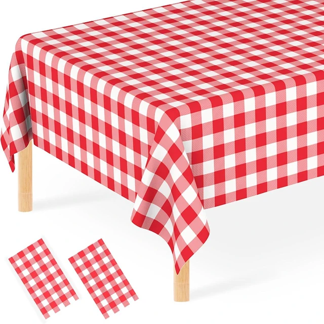 Main image of 2 Pcs Red Gingham Tablecloth, Disposable Plastic Red Checkered Table Cloth, Red & White Plaid Table Cover for Outdoor Picnic, Wedding, Baby & Bridal Shower, Birthday Party (54 x 108 Inch)