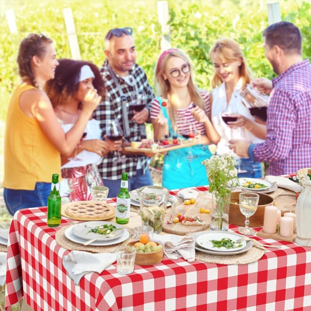 Alt view image 5 of 7 - 2 Pcs Red Gingham Tablecloth, Disposable Plastic Red Checkered Table Cloth, Red & White Plaid Table Cover for Outdoor Picnic, Wedding, Baby & Bridal Shower, Birthday Party (54 x 108 Inch)