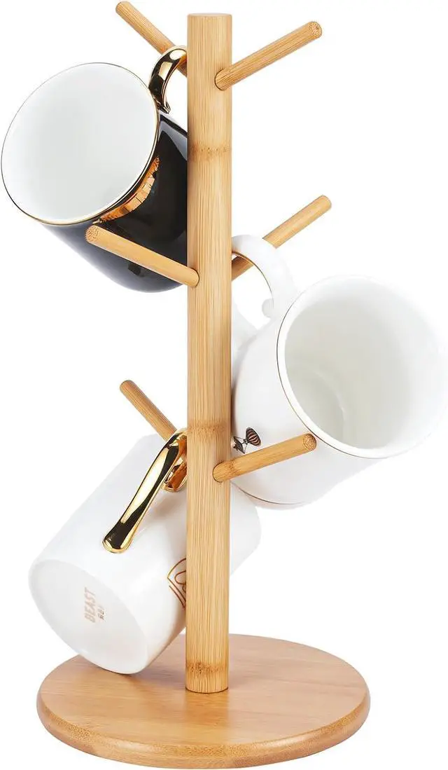 Main image of Bamboo Mug Tree Holder, Upgraded Screw Type 6 Hooks Coffee Mug Holders