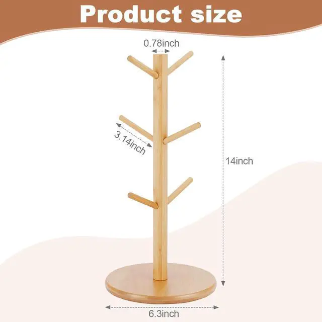 Alt view image 6 of 7 - Bamboo Mug Tree Holder, Upgraded Screw Type 6 Hooks Coffee Mug Holders