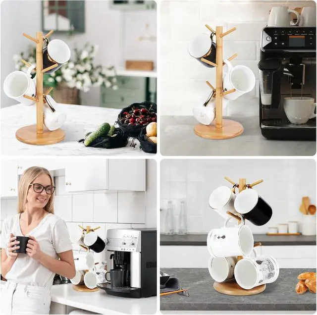 Alt view image 7 of 7 - Bamboo Mug Tree Holder, Upgraded Screw Type 6 Hooks Coffee Mug Holders