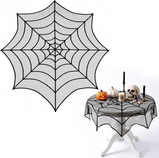 Alt view image 2 of 7 - 2Pcs Halloween Tablecloth Lace Spiderweb Table Cloth, 30-Inch Centerpiece Round Table Topper for Halloween Decorations Festive Party Supplies