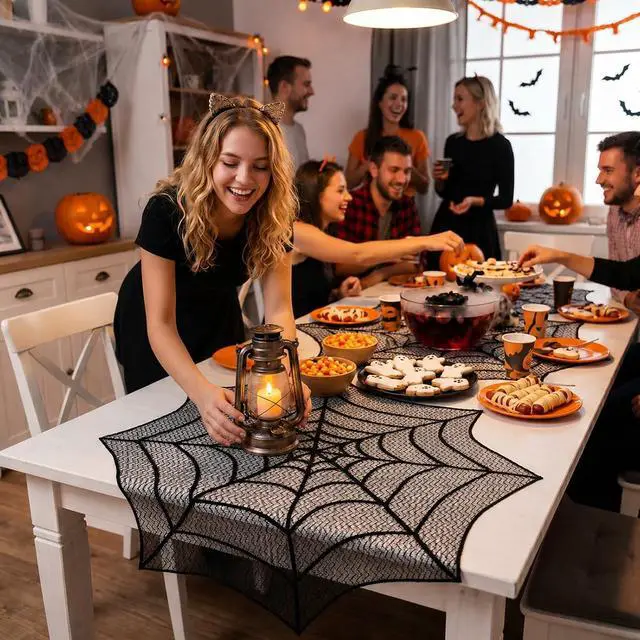 Alt view image 5 of 7 - 2Pcs Halloween Tablecloth Lace Spiderweb Table Cloth, 30-Inch Centerpiece Round Table Topper for Halloween Decorations Festive Party Supplies