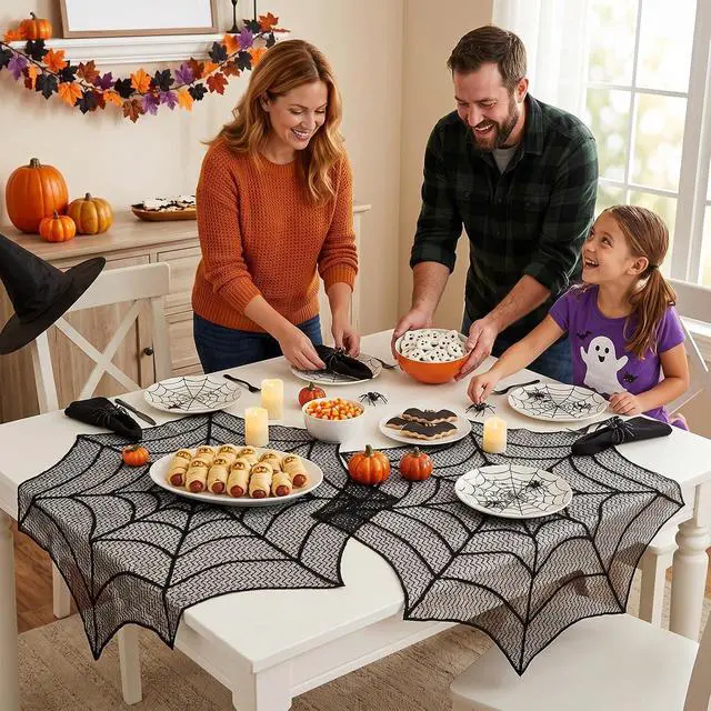 Alt view image 6 of 7 - 2Pcs Halloween Tablecloth Lace Spiderweb Table Cloth, 30-Inch Centerpiece Round Table Topper for Halloween Decorations Festive Party Supplies