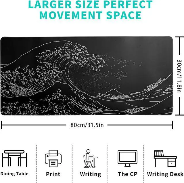 Alt view image 2 of 7 - Japanese Gaming Mouse Pad Abstract Black Mouse Pad 31.5x11.8 Inch Black Sea Wave Texture Non-Slip Rubber Base Large Ocean Mousepad Stitched Edges Keyboard Mouse Mat Desk Pad for Office and Home