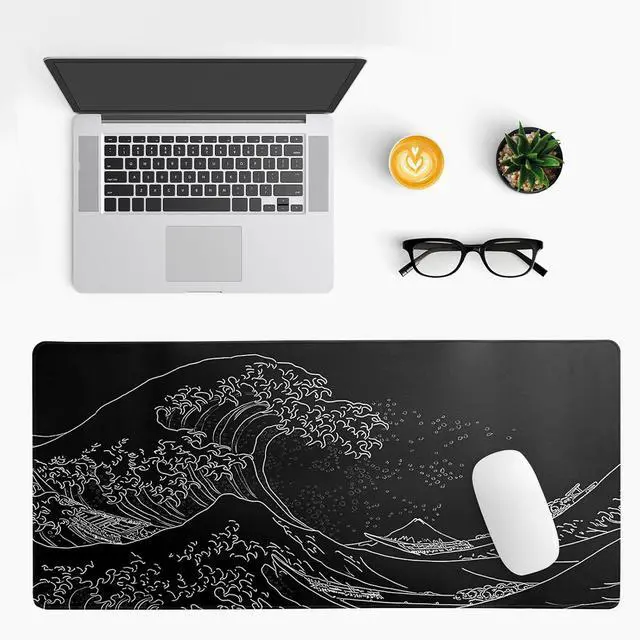 Alt view image 3 of 7 - Japanese Gaming Mouse Pad Abstract Black Mouse Pad 31.5x11.8 Inch Black Sea Wave Texture Non-Slip Rubber Base Large Ocean Mousepad Stitched Edges Keyboard Mouse Mat Desk Pad for Office and Home