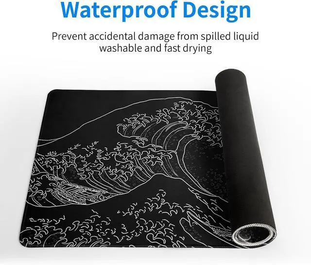 Alt view image 4 of 7 - Japanese Gaming Mouse Pad Abstract Black Mouse Pad 31.5x11.8 Inch Black Sea Wave Texture Non-Slip Rubber Base Large Ocean Mousepad Stitched Edges Keyboard Mouse Mat Desk Pad for Office and Home
