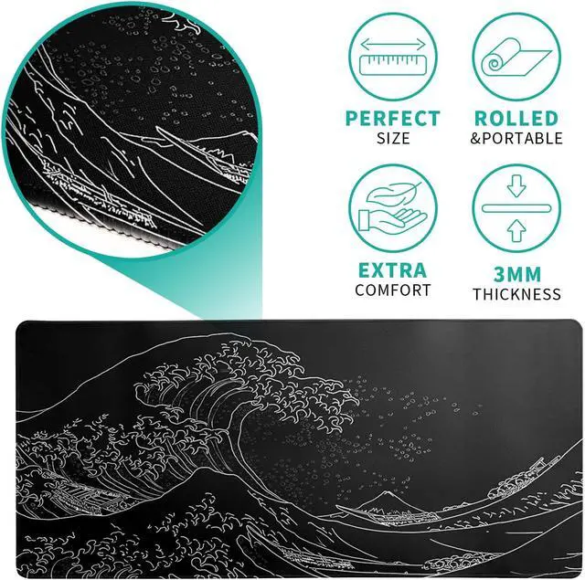 Alt view image 5 of 7 - Japanese Gaming Mouse Pad Abstract Black Mouse Pad 31.5x11.8 Inch Black Sea Wave Texture Non-Slip Rubber Base Large Ocean Mousepad Stitched Edges Keyboard Mouse Mat Desk Pad for Office and Home