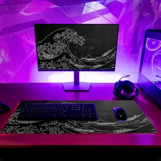 Alt view image 6 of 7 - Japanese Gaming Mouse Pad Abstract Black Mouse Pad 31.5x11.8 Inch Black Sea Wave Texture Non-Slip Rubber Base Large Ocean Mousepad Stitched Edges Keyboard Mouse Mat Desk Pad for Office and Home