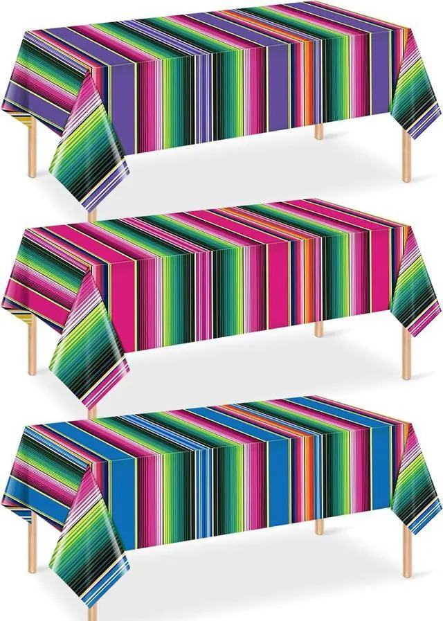 Main image of 3 Pack Mexican Fiesta Plastic Tablecloth, Rectangle Disposable Table Cloth Striped Table Cover for Cinco De Mayo Taco Night Fiesta Party Decoration,Mexican Wedding Birthday Home Decor, 108X54 Inch