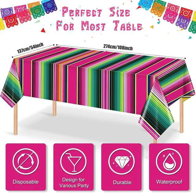 Alt view image 2 of 7 - 3 Pack Mexican Fiesta Plastic Tablecloth, Rectangle Disposable Table Cloth Striped Table Cover for Cinco De Mayo Taco Night Fiesta Party Decoration,Mexican Wedding Birthday Home Decor, 108X54 Inch