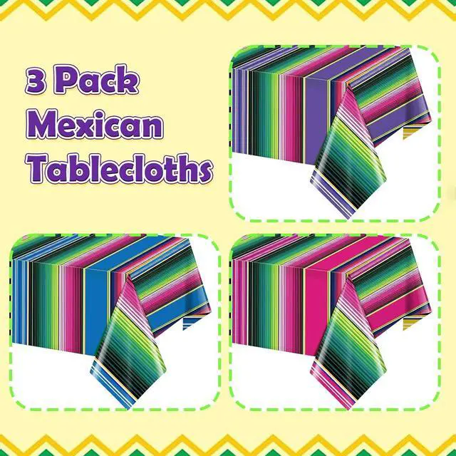 Alt view image 3 of 7 - 3 Pack Mexican Fiesta Plastic Tablecloth, Rectangle Disposable Table Cloth Striped Table Cover for Cinco De Mayo Taco Night Fiesta Party Decoration,Mexican Wedding Birthday Home Decor, 108X54 Inch