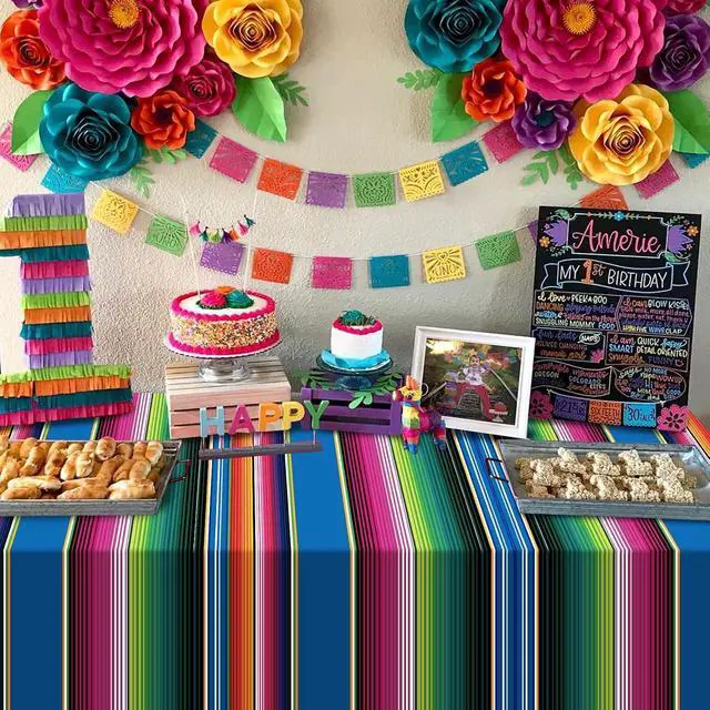 Alt view image 4 of 7 - 3 Pack Mexican Fiesta Plastic Tablecloth, Rectangle Disposable Table Cloth Striped Table Cover for Cinco De Mayo Taco Night Fiesta Party Decoration,Mexican Wedding Birthday Home Decor, 108X54 Inch