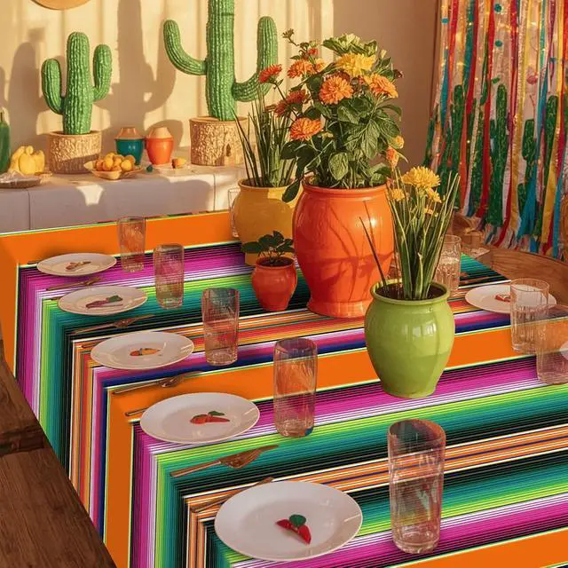 Alt view image 6 of 7 - 3 Pack Mexican Fiesta Plastic Tablecloth, Rectangle Disposable Table Cloth Striped Table Cover for Cinco De Mayo Taco Night Fiesta Party Decoration,Mexican Wedding Birthday Home Decor, 108X54 Inch