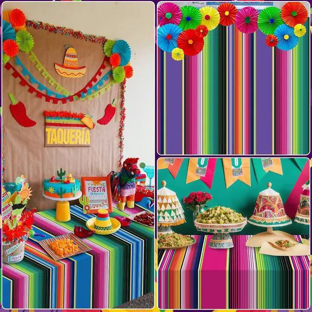 Alt view image 7 of 7 - 3 Pack Mexican Fiesta Plastic Tablecloth, Rectangle Disposable Table Cloth Striped Table Cover for Cinco De Mayo Taco Night Fiesta Party Decoration,Mexican Wedding Birthday Home Decor, 108X54 Inch