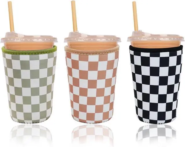 Main image of 3 Pieces Reusable Insulated Neoprene Iced Coffee Cup Sleeve, Durable Drink Sleeve for Cold Beverages, Beverage Holder for Iced Coffee, 22-24 oz Medium (Checkered Delight)