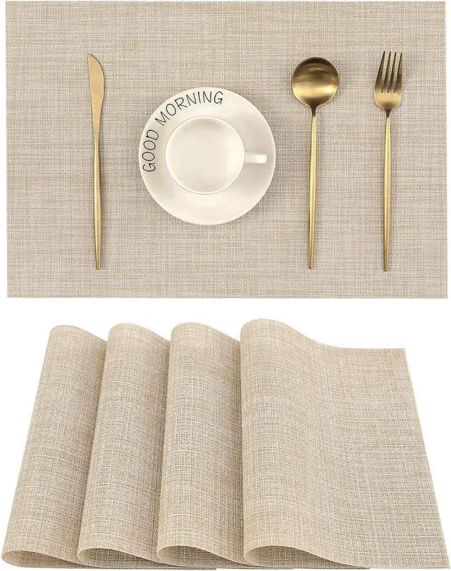 Main image of Beige Placemats Set of 4 - Heat-Resistant, Non-Slip Table Mats, Washable Woven Vinyl for Indoor & Outdoor Dining