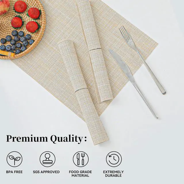 Alt view image 2 of 7 - Beige Placemats Set of 4 - Heat-Resistant, Non-Slip Table Mats, Washable Woven Vinyl for Indoor & Outdoor Dining