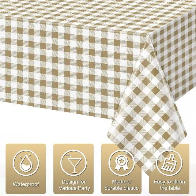 Alt view image 3 of 7 - 3pcs 54X108inch Khkai Brown Beige Gingham Plastic Tablecloth