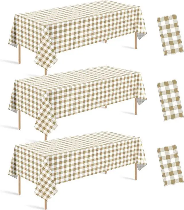 Main image of 3pcs 54X108inch Khkai Brown Beige Gingham Plastic Tablecloth