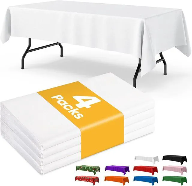 Main image of White Plastic Table Cloth - 4 Pack 54" × 108" Rectangle Disposable Tablecloths for 6FT Tables, Table Cover for Party, Holiday & Gathering Use