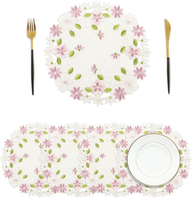 Main image of Flower Placemat with Cutout Flower Edge, Pink Floral Cutwork Embroidered Placemats for Wedding Birthday Dinner Party Table Decor, Set of 4,Round