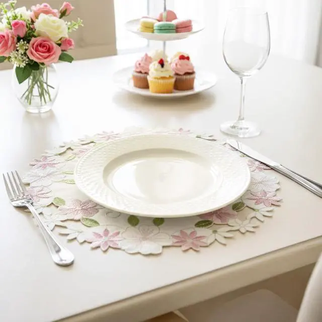 Alt view image 2 of 6 - Flower Placemat with Cutout Flower Edge, Pink Floral Cutwork Embroidered Placemats for Wedding Birthday Dinner Party Table Decor, Set of 4,Round