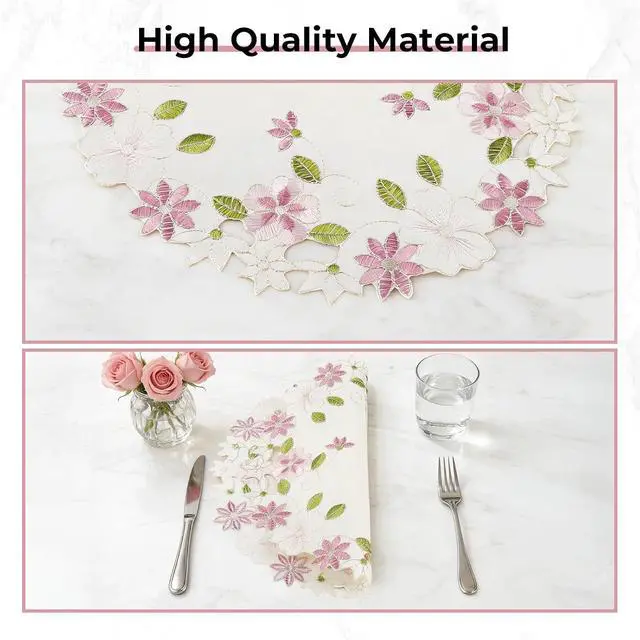Alt view image 3 of 6 - Flower Placemat with Cutout Flower Edge, Pink Floral Cutwork Embroidered Placemats for Wedding Birthday Dinner Party Table Decor, Set of 4,Round