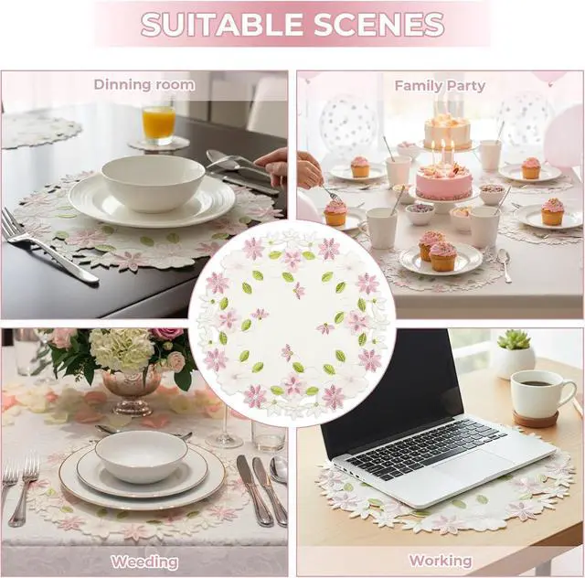 Alt view image 5 of 6 - Flower Placemat with Cutout Flower Edge, Pink Floral Cutwork Embroidered Placemats for Wedding Birthday Dinner Party Table Decor, Set of 4,Round