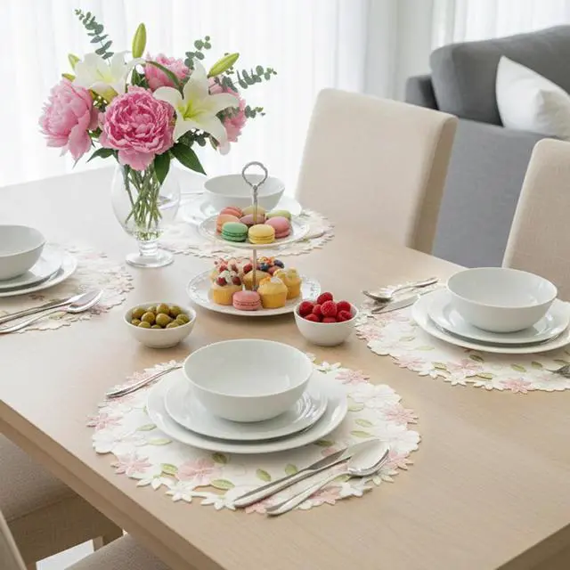 Alt view image 6 of 6 - Flower Placemat with Cutout Flower Edge, Pink Floral Cutwork Embroidered Placemats for Wedding Birthday Dinner Party Table Decor, Set of 4,Round