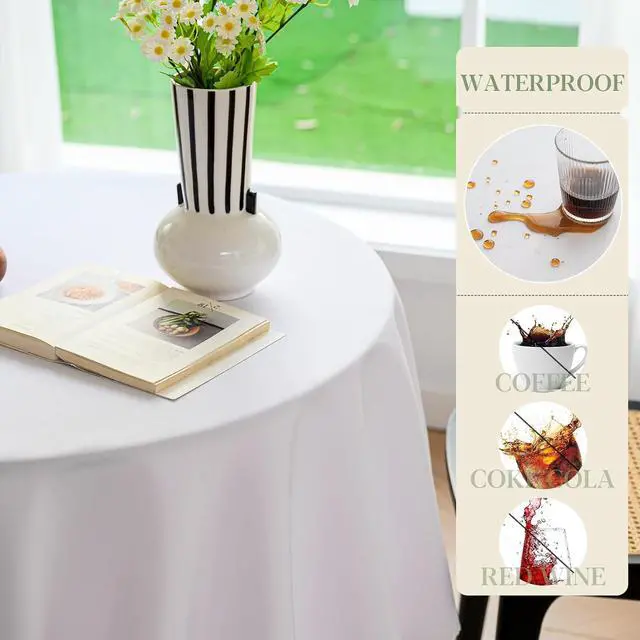Alt view image 5 of 7 - Table Cloth Round 60 Inch Tablecloth Fits Max50 Inch Diameter Top,White Washable Outdoor Winkle and Stain Resistant Spillproof Polyester Tablecloths for Round Tables Party Cover