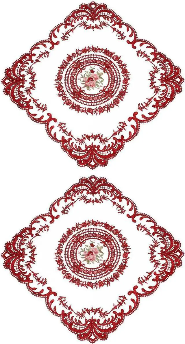 Main image of 2Pack Retro Lace Placemat 12x12-in Square Embroidered Table Place Mats French Crochet Doilies Coasters Cup Mat for Home Wedding, Wine Red
