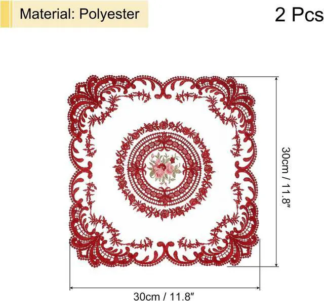 Alt view image 2 of 7 - 2Pack Retro Lace Placemat 12x12-in Square Embroidered Table Place Mats French Crochet Doilies Coasters Cup Mat for Home Wedding, Wine Red