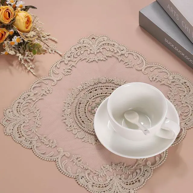 Alt view image 4 of 7 - 2Pack Retro Lace Placemat 12x12-in Square Embroidered Table Place Mats French Crochet Doilies Coasters Cup Mat for Home Wedding, Wine Red