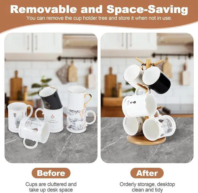 Alt view image 2 of 7 - Bamboo Mug Tree Holder, Upgraded Screw Type 6 Hooks Coffee Mug Holders