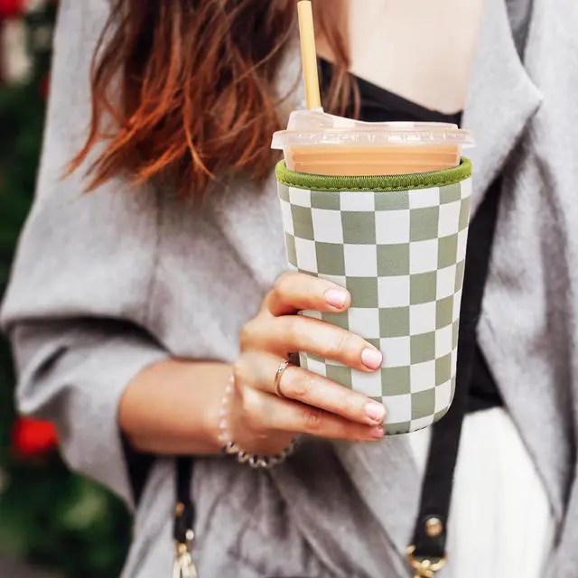 Alt view image 3 of 7 - 3 Pieces Reusable Insulated Neoprene Iced Coffee Cup Sleeve, Durable Drink Sleeve for Cold Beverages, Beverage Holder for Iced Coffee, 22-24 oz Medium (Checkered Delight)