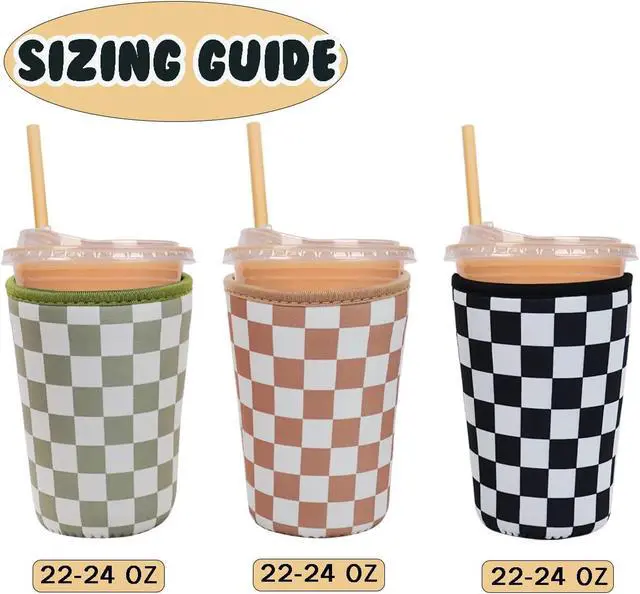 Alt view image 5 of 7 - 3 Pieces Reusable Insulated Neoprene Iced Coffee Cup Sleeve, Durable Drink Sleeve for Cold Beverages, Beverage Holder for Iced Coffee, 22-24 oz Medium (Checkered Delight)