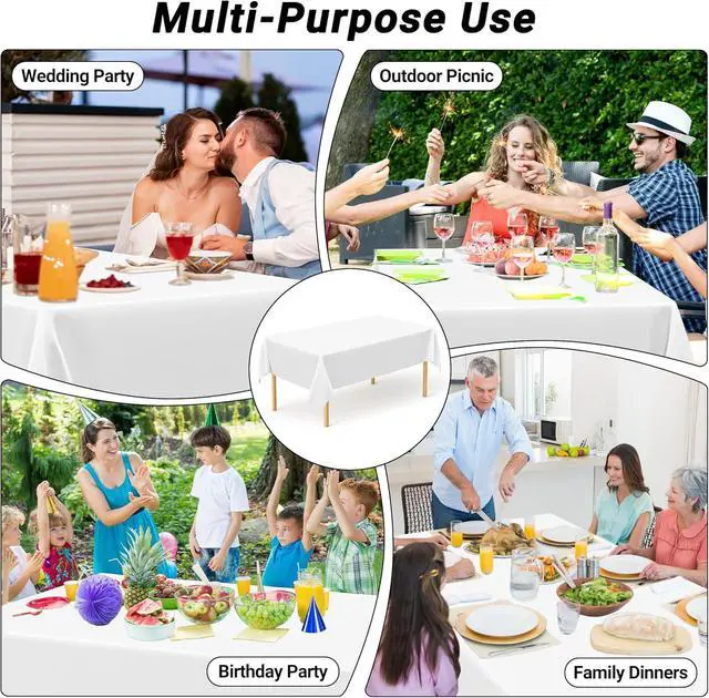 Alt view image 6 of 7 - 4 Packs White Plastic Tablecloth, Large Sturdy Disposable Table Cloth