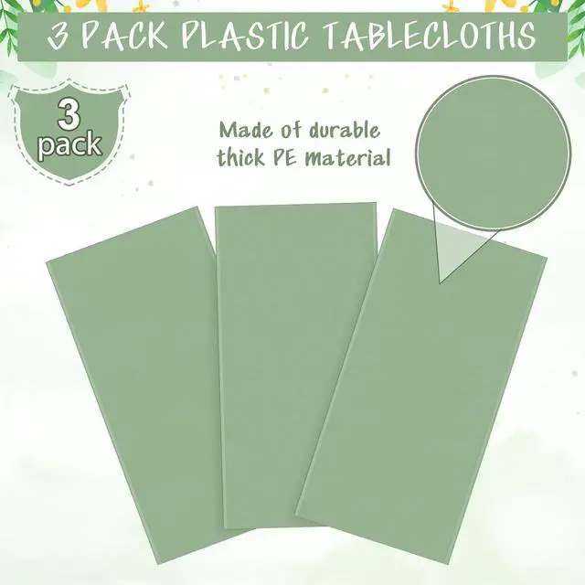 Alt view image 4 of 7 - 3Pack Sage Green Plastic Tablecloths for Rectangle Tables, Light Green Disposable Tablecloth, Waterproof Sage Green Table Cover for Birthday Bridal Wedding Baby Shower Party Decorations, 54 X 108Inch