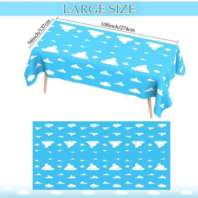 Alt view image 2 of 7 - 2Pcs Blue Sky and White Clouds Tablecloth Birthday Party Supplies, 54x108 Inch Cartoon Story Tablecloth, Cartoon Tablecovers Party Table Cover for Baby Boy Girl Kids Shower Birthday Party Decorations