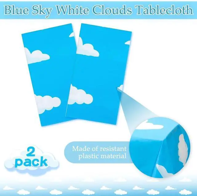 Alt view image 3 of 7 - 2Pcs Blue Sky and White Clouds Tablecloth Birthday Party Supplies, 54x108 Inch Cartoon Story Tablecloth, Cartoon Tablecovers Party Table Cover for Baby Boy Girl Kids Shower Birthday Party Decorations
