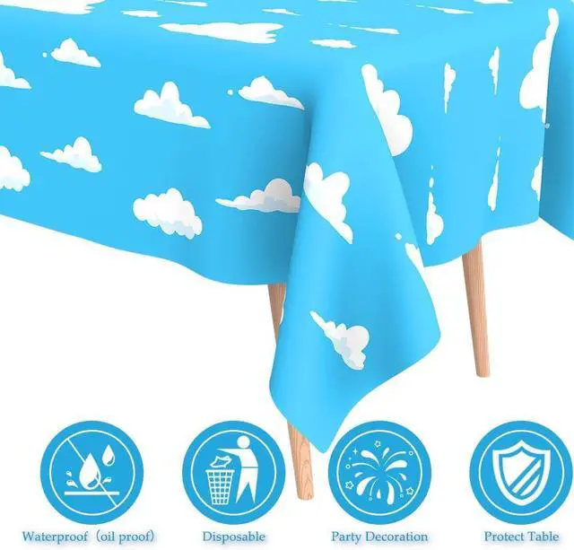 Alt view image 4 of 7 - 2Pcs Blue Sky and White Clouds Tablecloth Birthday Party Supplies, 54x108 Inch Cartoon Story Tablecloth, Cartoon Tablecovers Party Table Cover for Baby Boy Girl Kids Shower Birthday Party Decorations