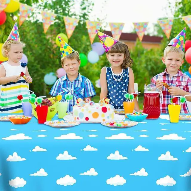 Alt view image 6 of 7 - 2Pcs Blue Sky and White Clouds Tablecloth Birthday Party Supplies, 54x108 Inch Cartoon Story Tablecloth, Cartoon Tablecovers Party Table Cover for Baby Boy Girl Kids Shower Birthday Party Decorations