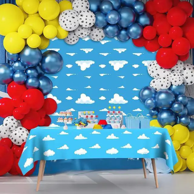 Alt view image 7 of 7 - 2Pcs Blue Sky and White Clouds Tablecloth Birthday Party Supplies, 54x108 Inch Cartoon Story Tablecloth, Cartoon Tablecovers Party Table Cover for Baby Boy Girl Kids Shower Birthday Party Decorations