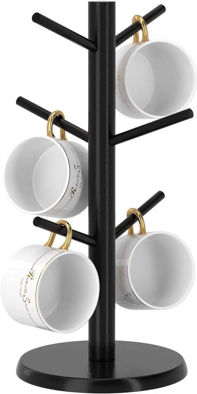 Main image of Coffee Mug Holder with 6 Hooks, Bamboo Mug Tree Stand for Countertop, Black