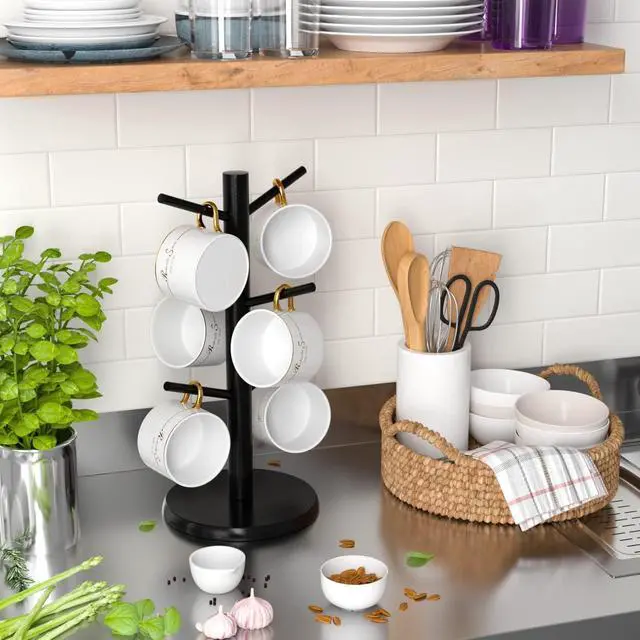 Alt view image 2 of 5 - Coffee Mug Holder with 6 Hooks, Bamboo Mug Tree Stand for Countertop, Black