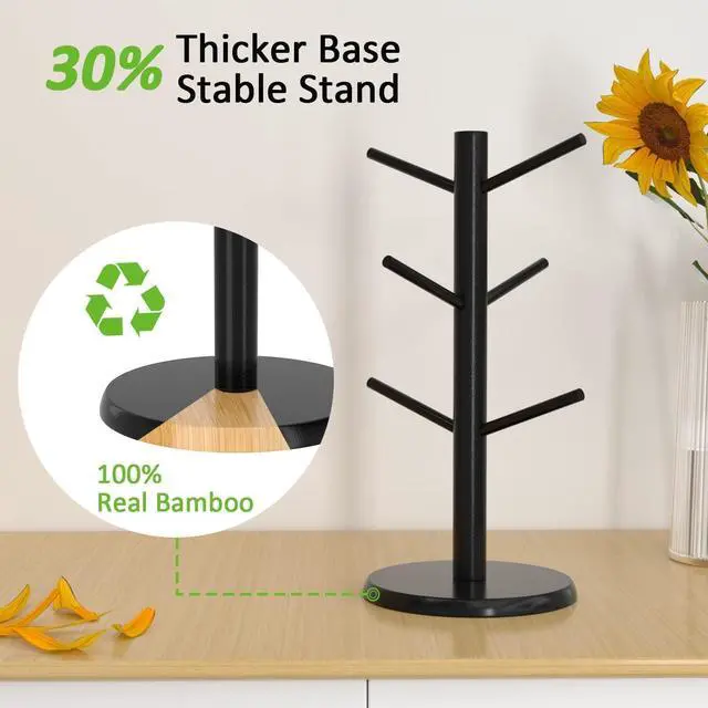 Alt view image 3 of 5 - Coffee Mug Holder with 6 Hooks, Bamboo Mug Tree Stand for Countertop, Black