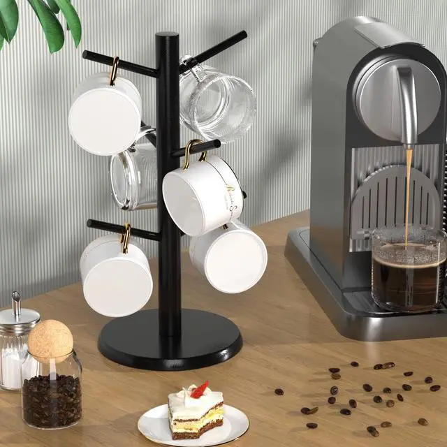 Alt view image 5 of 5 - Coffee Mug Holder with 6 Hooks, Bamboo Mug Tree Stand for Countertop, Black