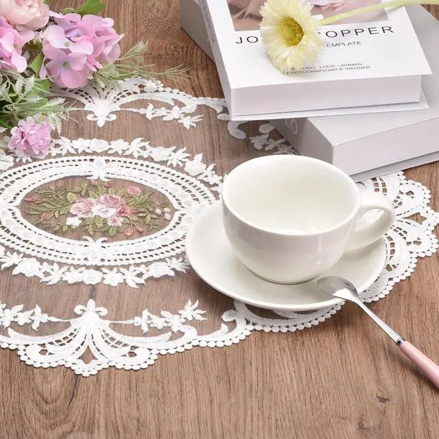 Alt view image 4 of 7 - Retro Lace Placemat 12x16-in Oval Embroidered Table Place Mats French Crochet Doilies Coasters Cup Mat for Home Wedding, Peach Pink